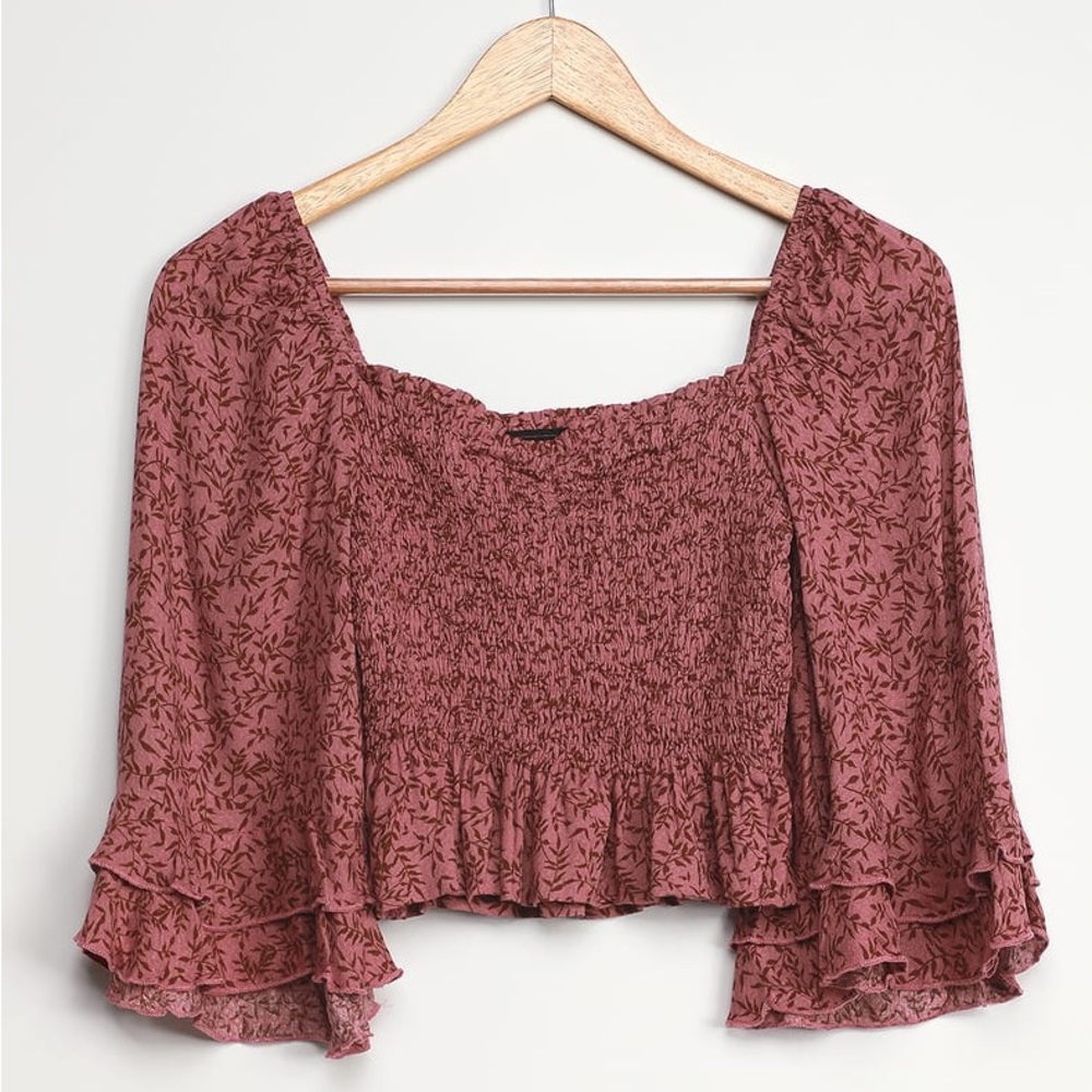 NEW Lulus Sunset Seeker Mauve Pink Print Smocked Tiered Sleeve Top XS